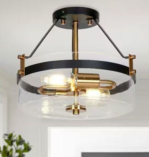 Modern Farmhouse Black Semi-Flush Mount 12.5 in. 2-Light Plated Gold Light Fixture with Seeded Glass - Lot 355