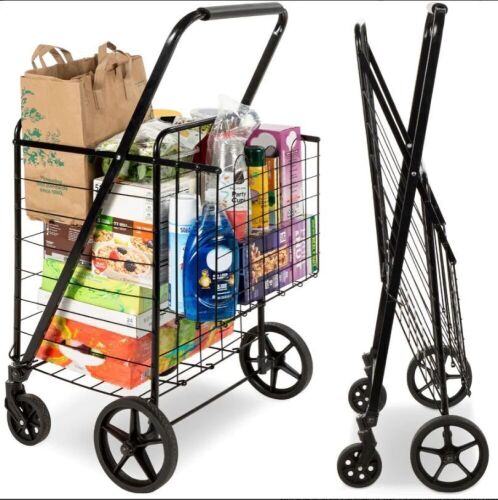 Folding Steel Grocery Cart w/ Double Basket, Swivel Wheels, 220lb Cap - Lot 361