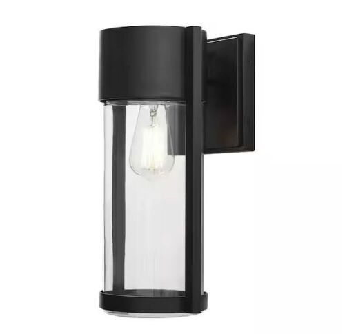 Lot of (3) Hampton Bay Kempster 14 in. Modern 1-Light Matte Black Modern Outdoor Wall Cylinder Light with Clear Glass - Lot 410