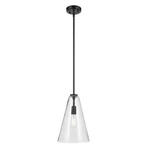 KICHLER Everly 10.25 in. 1-Light Black Modern Shaded Cone Hanging Pendant Light with Clear Glass - Lot 414