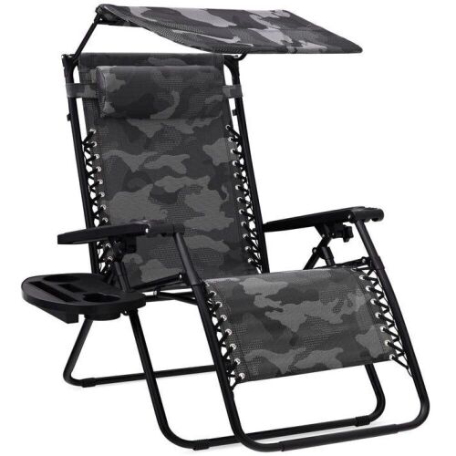 Folding Zero Gravity Recliner Patio Lounge Chair w/ Canopy, Side Tray - Lot 431
