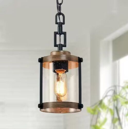 LNC Modern Farmhouse Brown Chandelier 1-Light 6 in. Black Drum Mini Island Pendant Light with Seeded Glass Shade - Lot 441