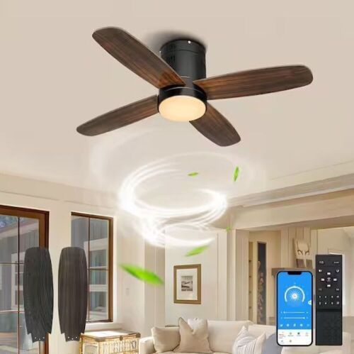 36 in. Smart Indoor LED Dimmable Wood Low Profile Flush Mount Ceiling Fan with Light Kit and Remote Control App Control - Lot 514