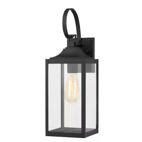 Home Decorators Collection Havenridge 19 in. 1-Light Matte Black Hardwired Outdoor Wall Light Lantern Sconce with Clear Glass - Lot 519