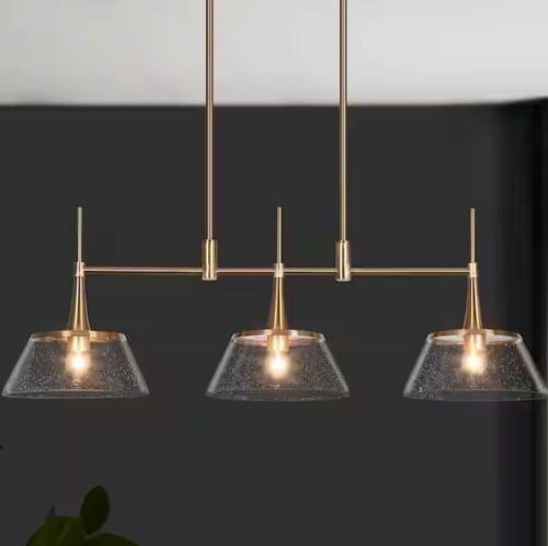 LNC 34.5 in. Large Brass Modern Island Linear Chandelier 3-Light Kitchen Pendant Billiard Lighting with Seedy Glass Shades - Lot 615