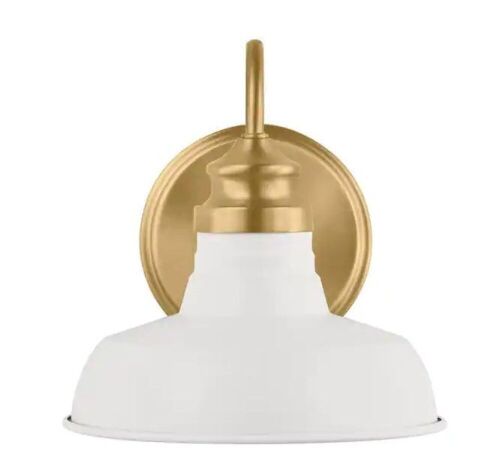 Hampton Bay Elmcroft 7.63 in. 1-Light Brushed Gold Farmhouse Wall Sconce with Designer White Metal Shade - Lot 818