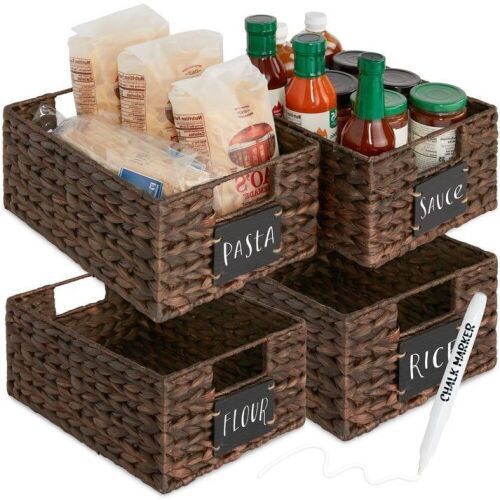 Set of 4 Water Hyacinth Pantry Baskets w/ Chalkboard, Marker - 12in - Lot 840