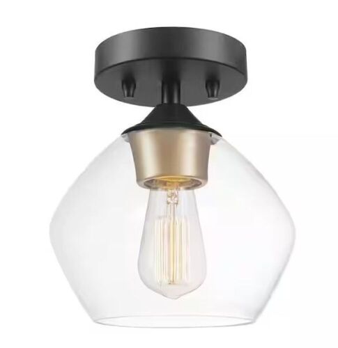 Globe Electric Harrow 1-Light Matte Black Semi-Flush Mount Ceiling Light with Gold Accent Socket and Clear Glass Shade - Lot 848