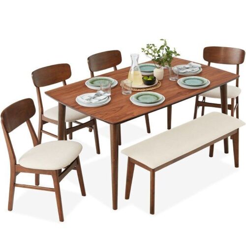 6-Piece Mid-Century Modern Upholstered Wooden Dining Set w/ 4 Chairs, Bench - Lot 19