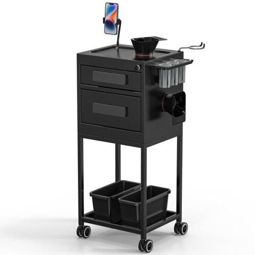 OmySalon Metal Rolling Salon Trolley Cart w/2 Lockable Drawers 2 Magnetic Bowls 2 Storage Baskets - Lot 196