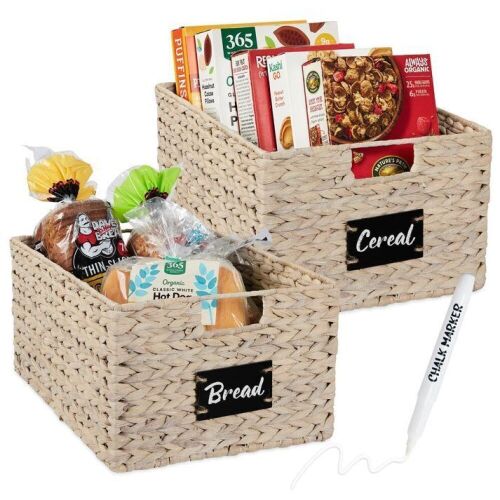 Set of 2 Water Hyacinth Pantry Baskets w/ Chalkboard, Marker - 16in - Lot 763