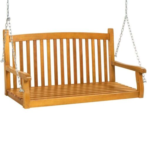 Wooden Curved Back Hanging Porch Swing Bench w/ Mounting Chains - 48in - Lot 525