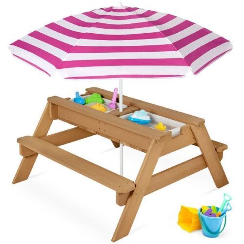 3-in-1 Kids Sand & Water Table Outdoor Wood Picnic Table w/ Umbrella - Lot 793