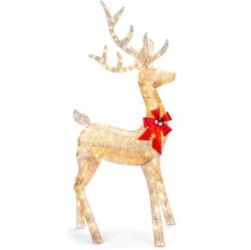 5ft 3D Pre-Lit Gold Glitter Christmas Reindeer Yard Decoration w/ 150 Lights - Lot 781
