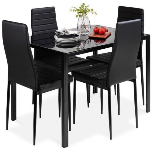 5-Piece Dining Table Set w/ Glass Top, Leather Chairs - Lot 77