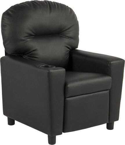 Contemporary Black Leather Kids Recliner Chair with Cup Holder - Lot 579