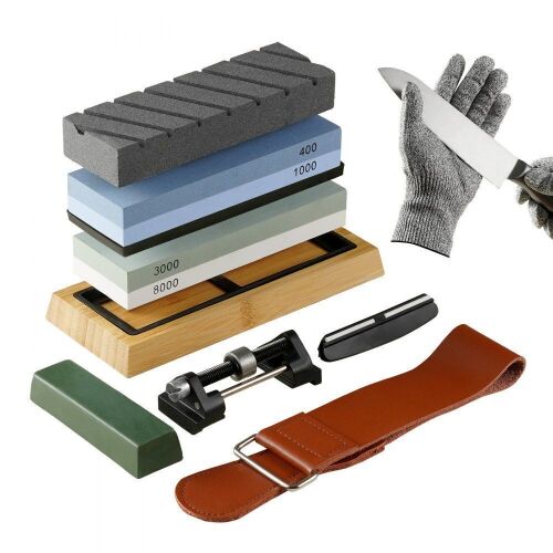 VEVOR Whetstone Knife Sharpening Kit, 2 Dual-Sided Grit Whetstones 400/1000 3000/8000, 10PCS Knife Sharpener Kit with 3 Non-Slip Bases, Flattening Stone, Angle & Honing Guide for All Knives, Scissors - Lot 176