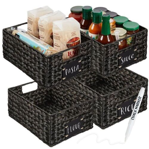 Set of 4 Water Hyacinth Pantry Baskets w/ Chalkboard, Marker - 12in - Lot 569