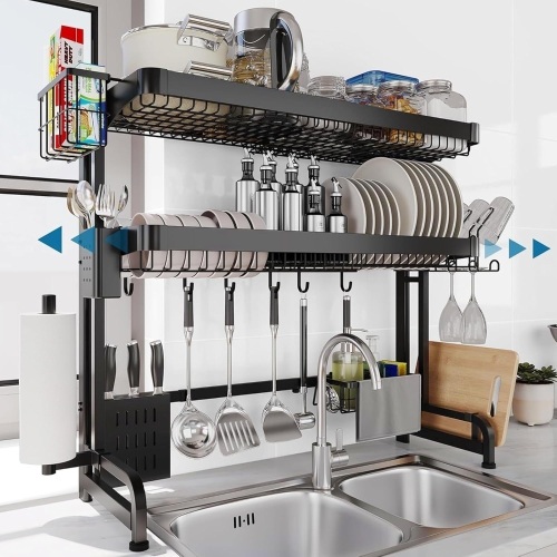 Over The Sink Dish Drying Rack, 3-Tier Over The Sink Dish Drainer Drying Rack Stainless Steel Adjustable (29.1''~37.4''), Dish Drying Rack Over The Sink Organizer with Utensil Holder, Black - Lot 2610