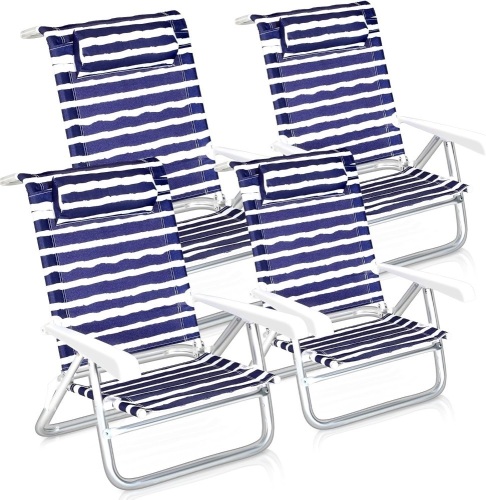 Wenqik 4 Pack Beach Chairs Set, Folding Beach Chairs with with 6 Adjustable Position, Beach Chairs for Adults, Sling Camping Heavy Duty Beach Chairs for Fishing, Travelling, Beach, Yard, Lawn - Lot 3284