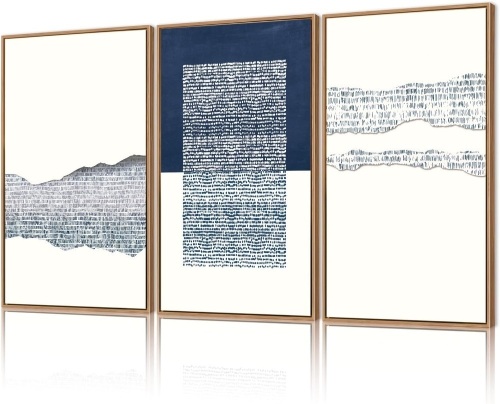 TOARTi Framed Canvas Blue White Abstract Illustration Wall Art (Set of 3, 16x24 inches) Boho Mid Century Modern Art Print, Neutral Minimalist Wall Decor for Living Room Bedroom Home Office - Lot 3671