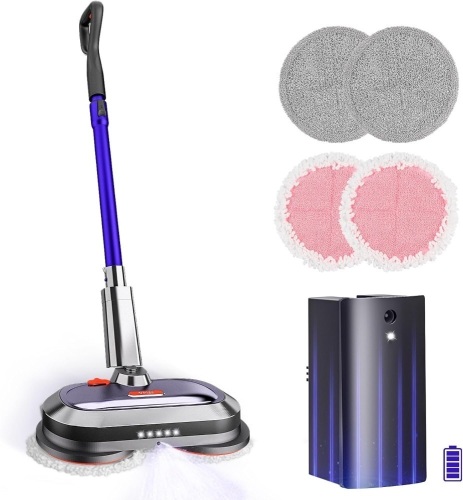 VMAI Electric Mop, Cordless Electric Mop, with Detachable Battery & 300ml Water Tank, Spin Mop with LED Headlight and Sprayer, for Hardwood, Tile, Laminate Floor, 50dB Working Noise - Lot 3674