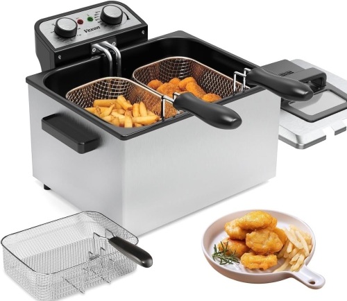 1800W 5 Liters/21 Cups Large Electric Deep Fryer with 3 Frying Baskets for Home Use, Adjustable Temperature,View Window Lid,Countertop Stainless Steel Body Deep Fryer Pot,Perfect for Kitchen, Fry Fish - Lot 3679