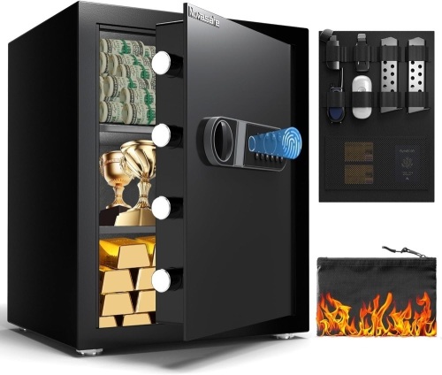 Biometric Safe, 1.8 Cu ft Home Fingerprint Safe Box with Fireproof Waterproof Bag & Key, Security Money Safe for Cash, Jewelry, Valuables, Digital Electronic Keypad, Dual Alarm System, Cabinet Safe - Lot 3680