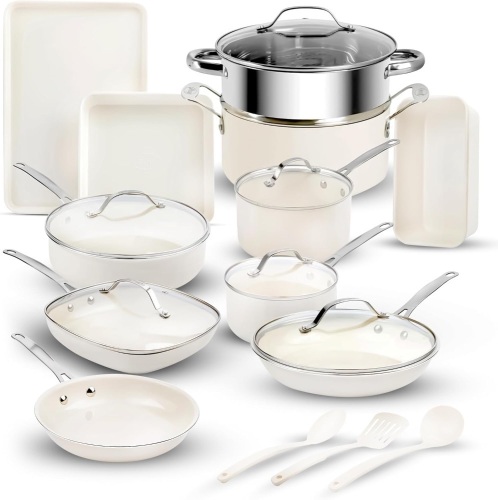 GOTHAM STEEL 20 Pc Ceramic Pots and Pans Set Non Stick, Kitchen Cookware Sets, Pot and Pan Set, Ceramic Cookware Set, Non Toxic Cookware Set, White Pots and Pan Set, Dishwasher Safe - Cream - Lot 3683