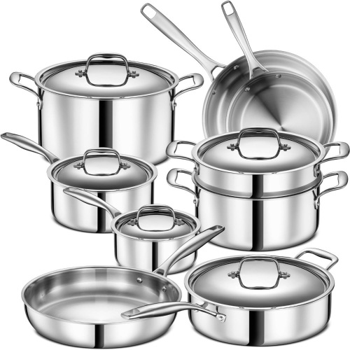 LEGEND COOKWARE 5 Ply Stainless Steel Pots and Pans Set | 14-Piece, Induction, Non-Toxic, Oven Safe | Best 18/0 Full Clad | Professional Kitchen Cooking, Heavy Chef Quality | PFOA, PTFE & PFOS Free - Lot 3687