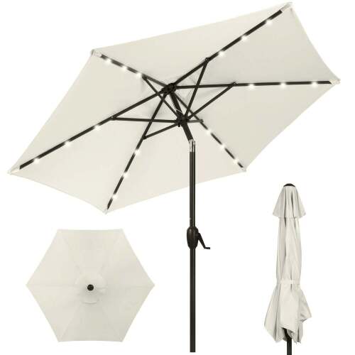 Outdoor Solar Patio Umbrella w/ Push Button Tilt, Crank Lift - 7.5ft - Lot 4320
