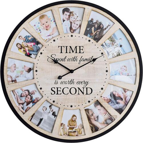 12 Photo Collage Rustic Farmhouse Wood Wall Clock 25" - Missing 1 Back Panel - Lot 304