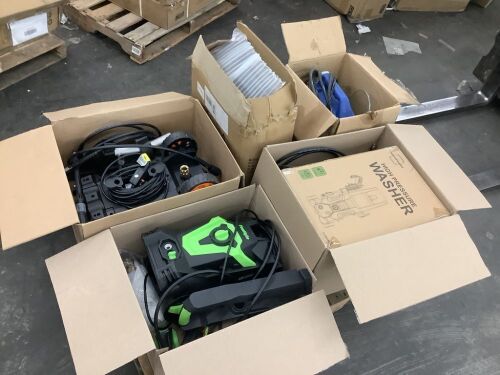 Lot of (3) Electric Pressure Washers, (1) Paint Sprayer & (1) Retractable Hose Reel  - Lot 107