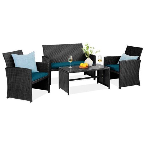 4-Piece Outdoor Wicker Conversation Patio Set w/ 4 Seats, Glass Table Top - Lot 51