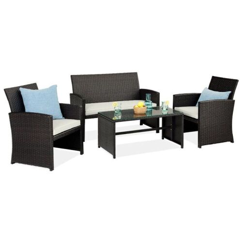4-Piece Outdoor Wicker Conversation Patio Set w/ 4 Seats, Glass Table Top - Lot 86