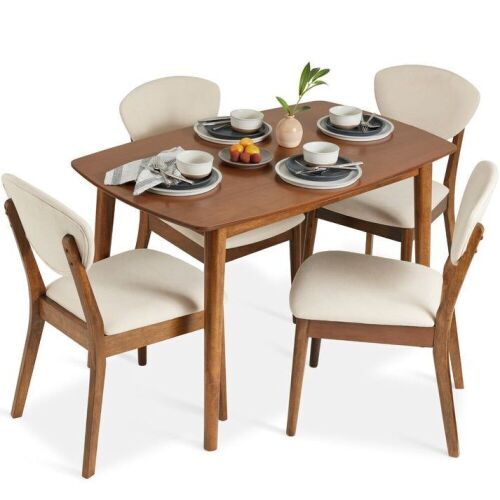 5-Piece Wooden Mid-Century Modern Dining Set w/ 4 Chairs, Padded Seat & Back - Lot 35