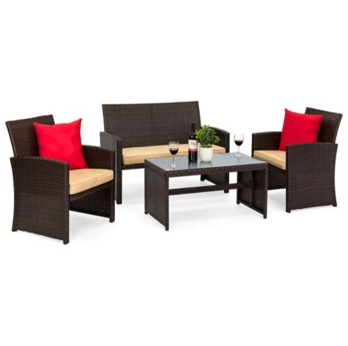 4-Piece Outdoor Wicker Conversation Patio Set w/ 4 Seats, Glass Table Top - Lot 68