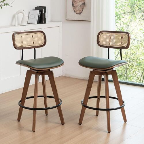 Faux Leather Counter Height Swivel Barstools with Rattan Backrest, Set of 2  - Lot 95