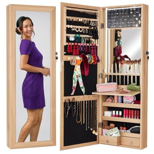 Door/Wall Mount Mirror Jewelry Cabinet Armoire w/ Inside Mirror, LED Lights - Lot 459