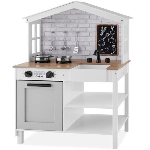 Kids Farmhouse Play Kitchen w/ Chalkboard, Storage Shelves, 5 Accessories - Lot 553