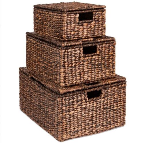 Set of 3 Large Hyacinth Storage Baskets w/ Handles, Lid - 21", 20", 18" - Lot 632