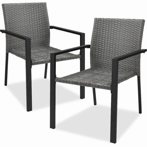 Set of 2 Stackable Wicker Chairs w/ Armrests, Steel Accent Furniture - Lot 721