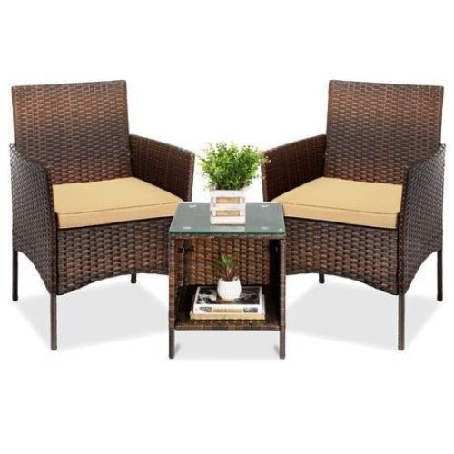 3-Piece Outdoor Patio Wicker Bistro Set w/ Side Storage Table - Lot 739