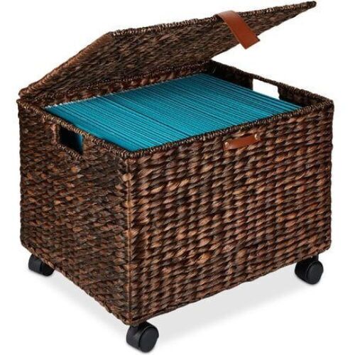 Mobile Water Hyacinth Rolling Filing Cabinet Storage Basket w/ Lid, Wheels - Lot 852