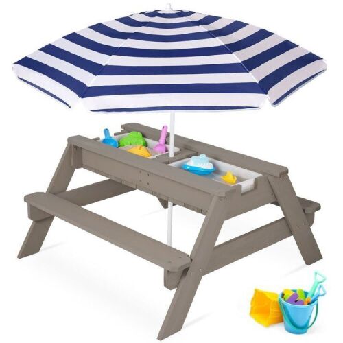 3-in-1 Kids Sand & Water Table Outdoor Wood Picnic Table w/ Umbrella - Lot 422