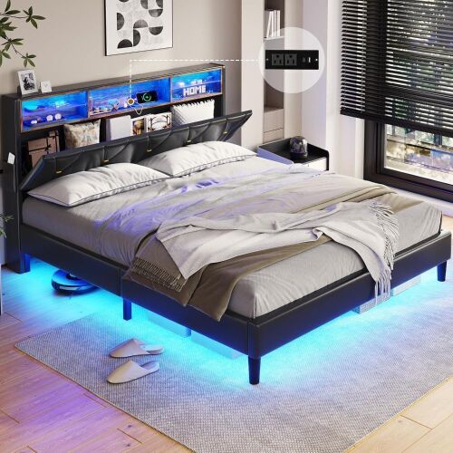 Full Size Faux Leather Upholstered Bed Frame with LED Lights, Charging Station & Headboard Storage - Lot 87
