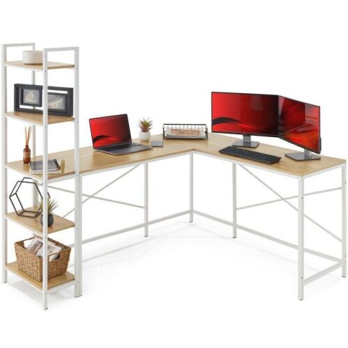 L-Shaped Computer Desk, Study Workstation w/ 5-Tier Open Storage Bookshelf - Lot 387