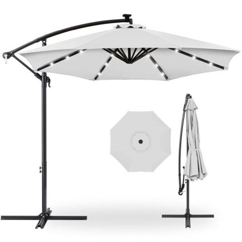 Solar LED Offset Hanging Patio Umbrella w/ Crank Tilt Adjustment - 10ft - Lot 696