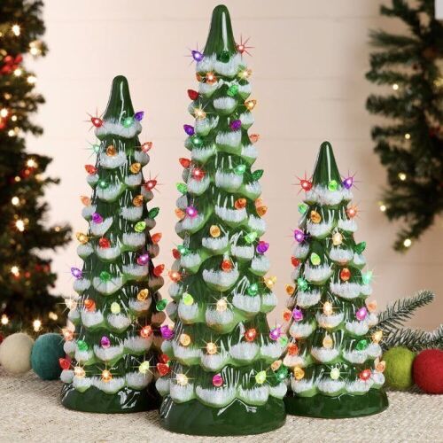 Set of 3 Pre-Lit Ceramic Tabletop Christmas Trees - Lot 796