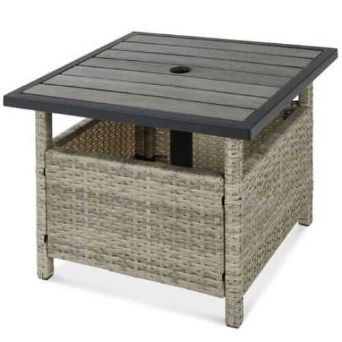 Outdoor Wicker Patio Side Table Accent Furniture w/ Umbrella Hole - Lot 178